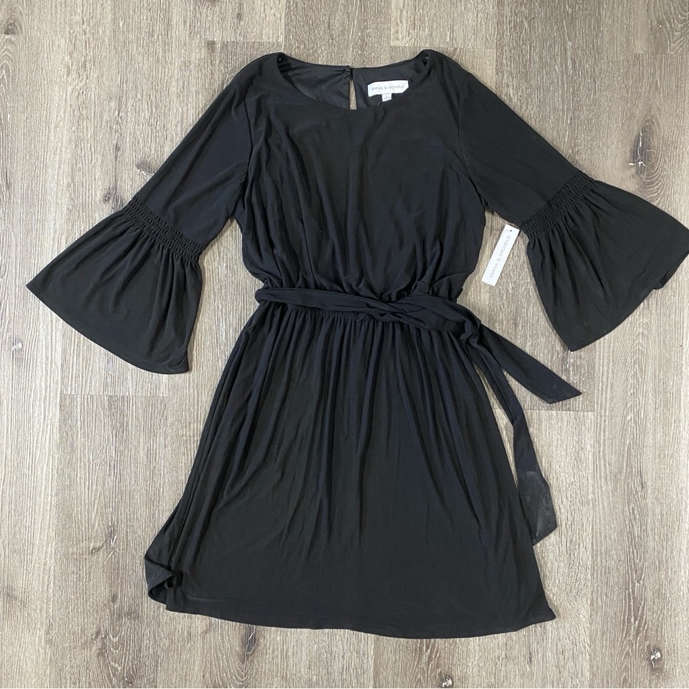 EMMA & MICHELE Black Dress Women’s Size Large Bell Sleeve Tie Waist NWT